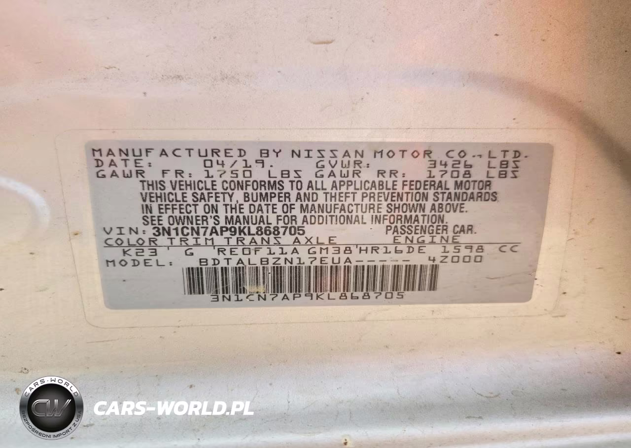 2019 Nissan Versa Sv VIN:3N1CN7AP9KL868705 - 12