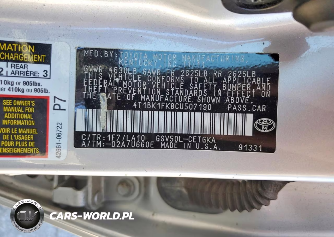 2012 Toyota Camry Xle V6 VIN:4T1BK1FK8CU507190 - 12