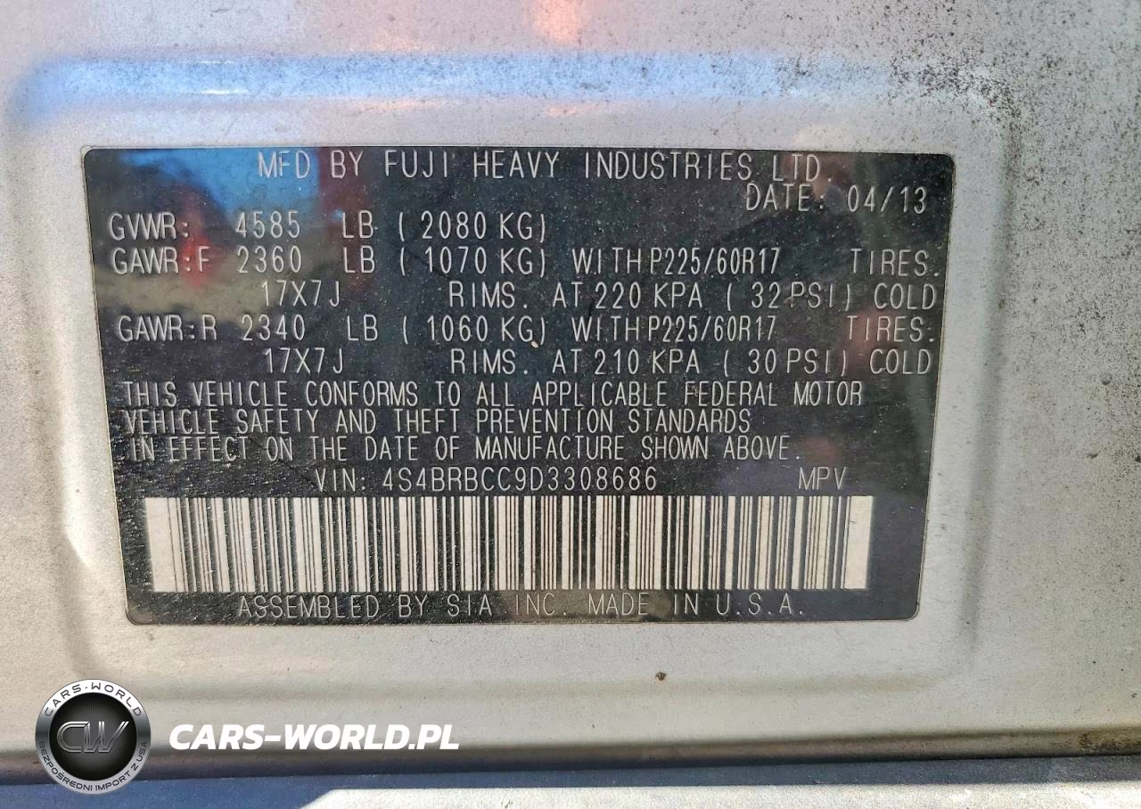 2013 Subaru Outback 2.5I Premium VIN:4S4BRBCC9D3308686 - 13