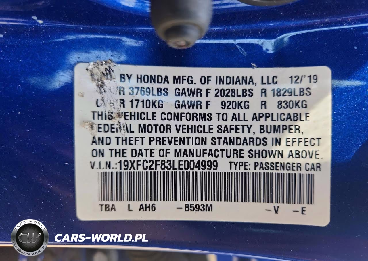 2020 Honda Civic Sport VIN:19XFC2F83LE004999 - 13