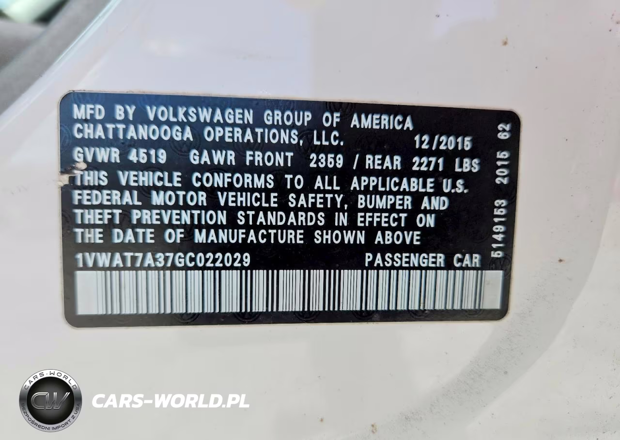 2016 Volkswagen Passat S VIN:1VWAT7A37GC022029 - 12