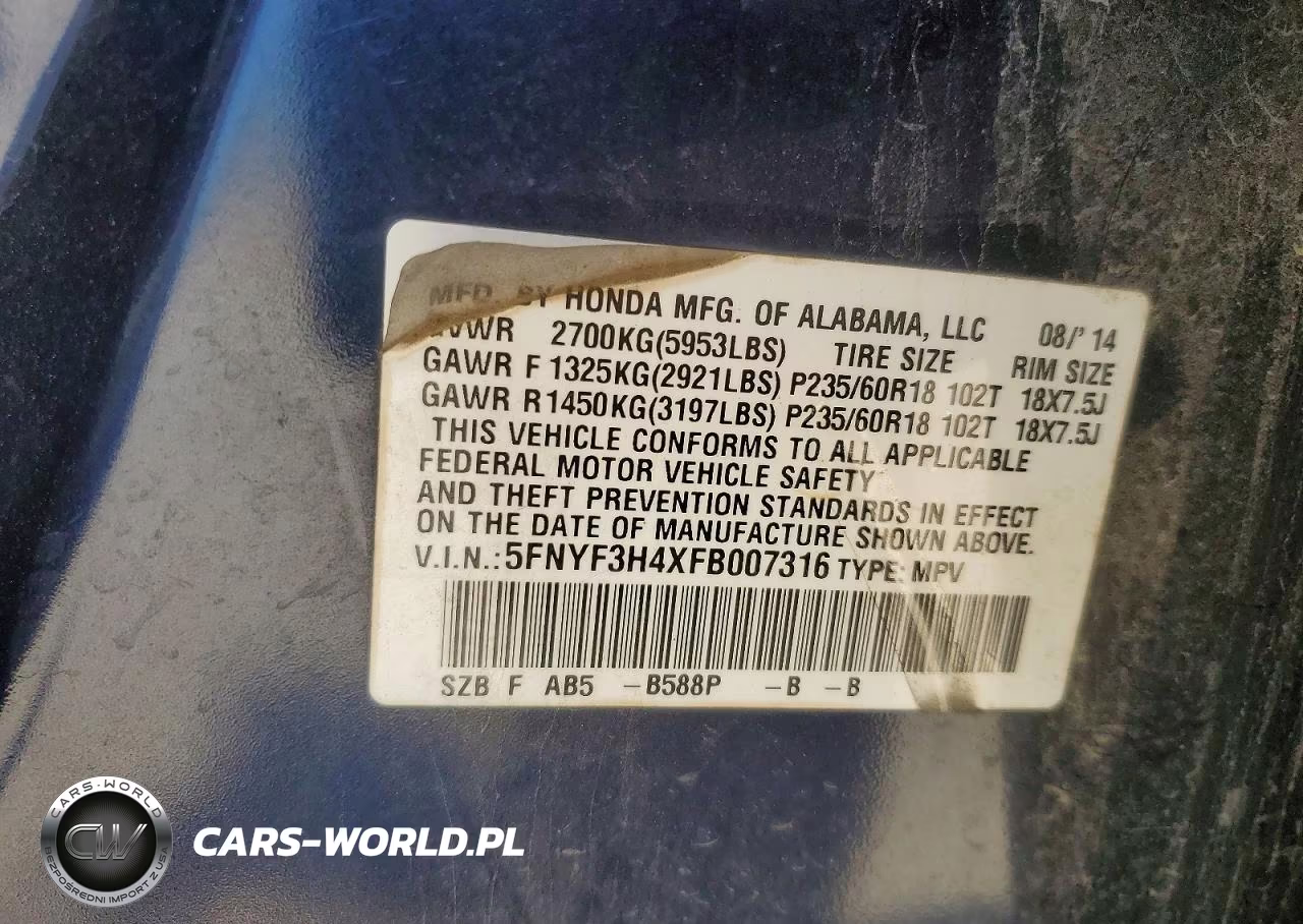 2015 Honda Pilot Ex VIN:5FNYF3H4XFB007316 - 14