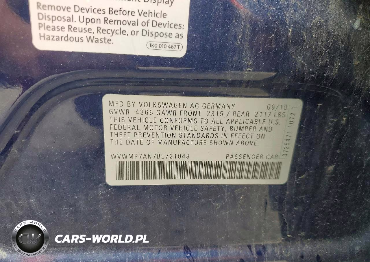 2011 Volkswagen Cc Sport VIN:WVWMP7AN7BE721048 - 12