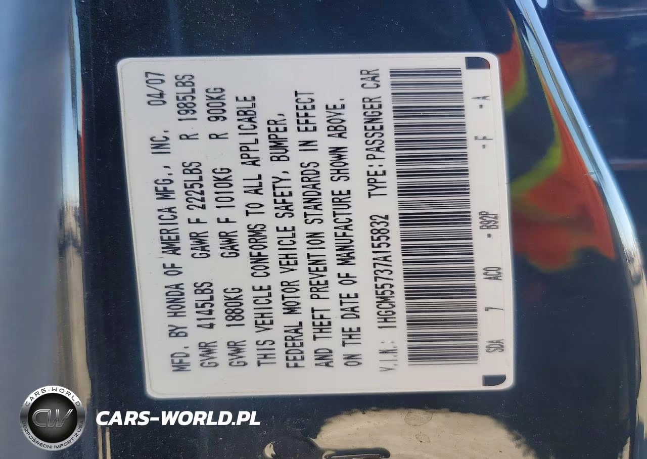 2007 Honda Accord Coupe Ex Auto VIN:1HGCM55737A155832 - 12