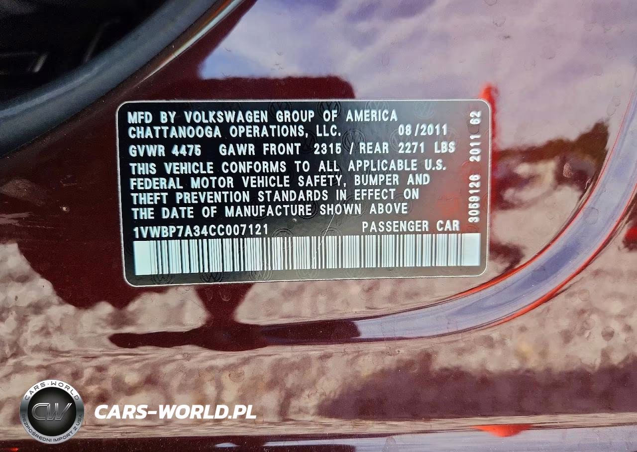 2012 Volkswagen Passat Se VIN:1VWBP7A34CC007121 - 12