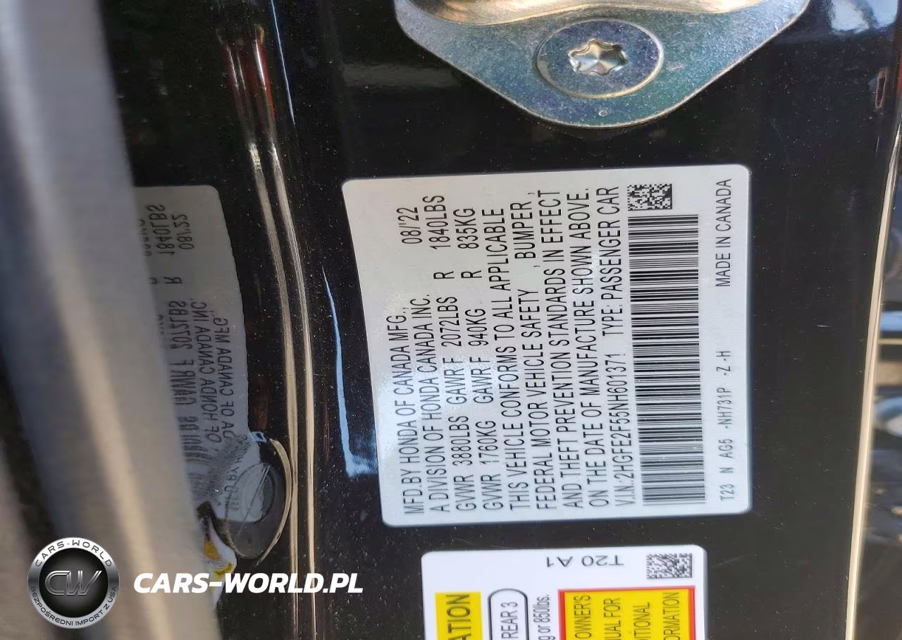 2022 Honda Civic Sport VIN:2HGFE2F55NH601371 - 12