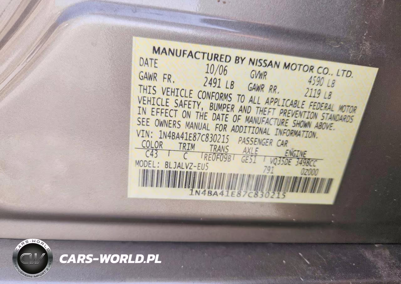 2007 Nissan Maxima 3.5 Se VIN:1N4BA41E87C830215 - 12