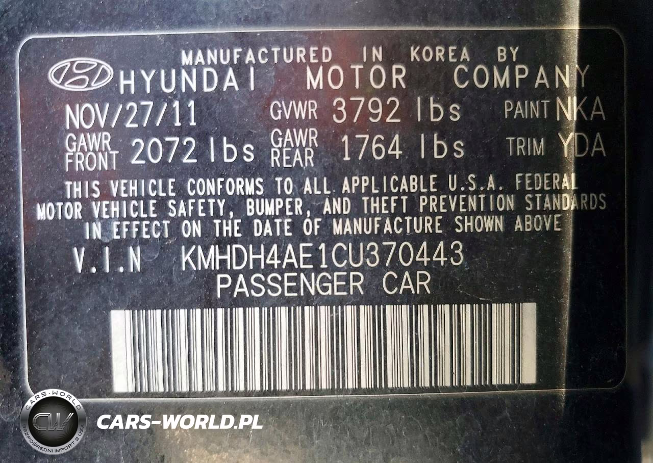 2012 Hyundai Elantra Gls VIN:KMHDH4AE1CU370443 - 12