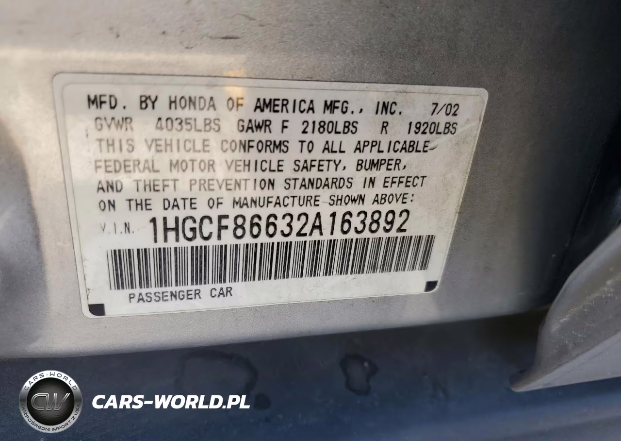 2002 Honda Accord Value VIN:1HGCF86632A163892 - 13