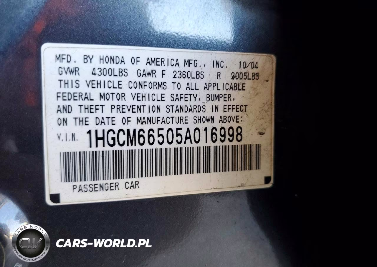 2005 Honda Accord Ex VIN:1HGCM66505A016998 - 12
