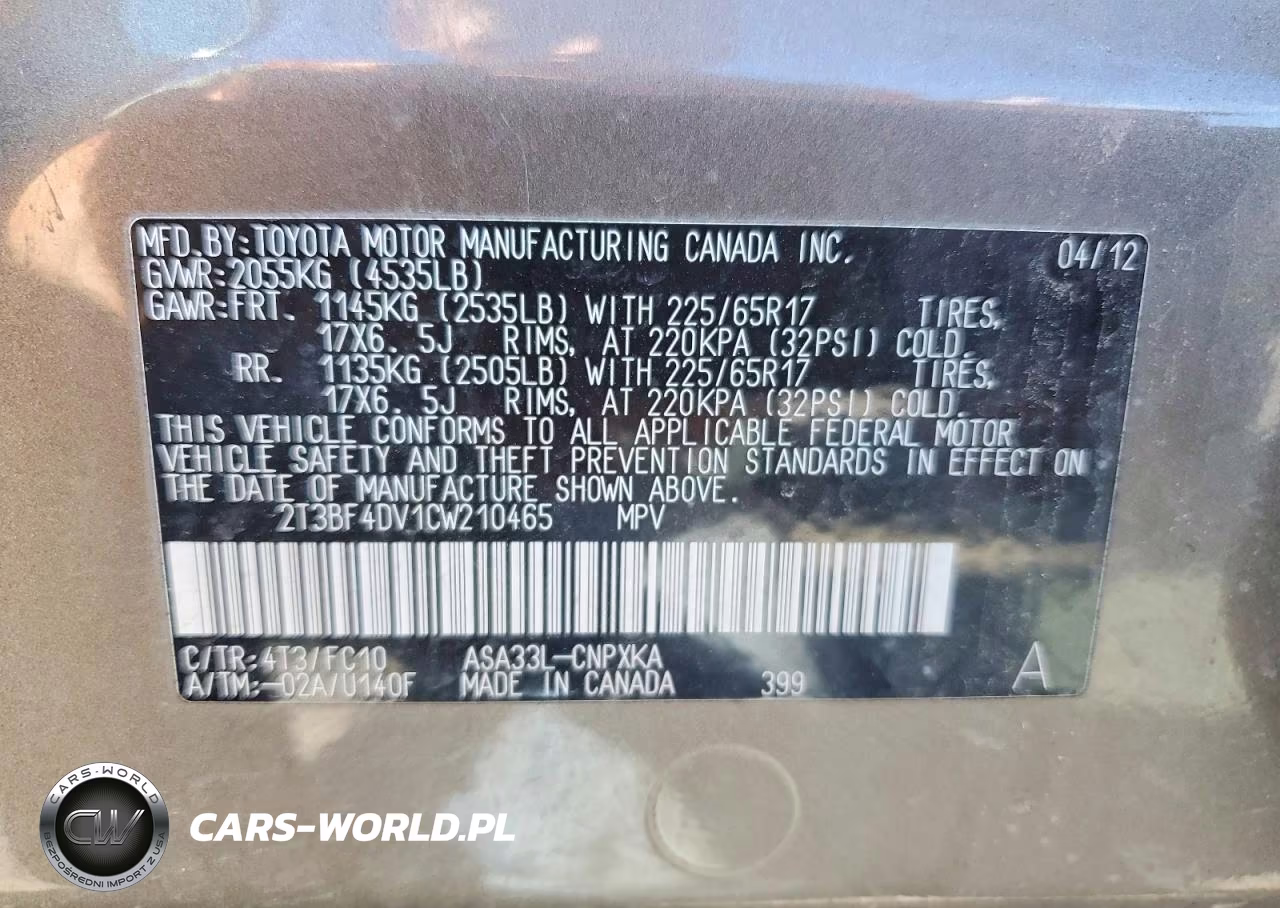 2012 Toyota Rav4 Base VIN:2T3BF4DV1CW210465 - 12