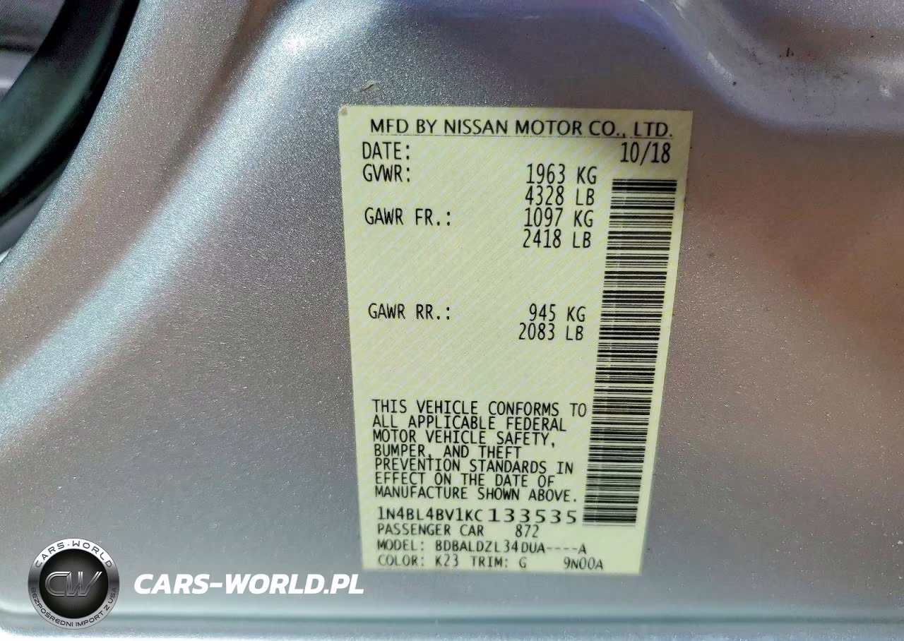 2019 Nissan Altima S VIN:1N4BL4BV1KC133535 - 12