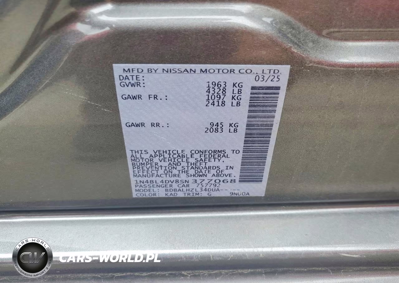 2025 Nissan Altima Sv VIN:1N4BL4DV8SN377068 - 13