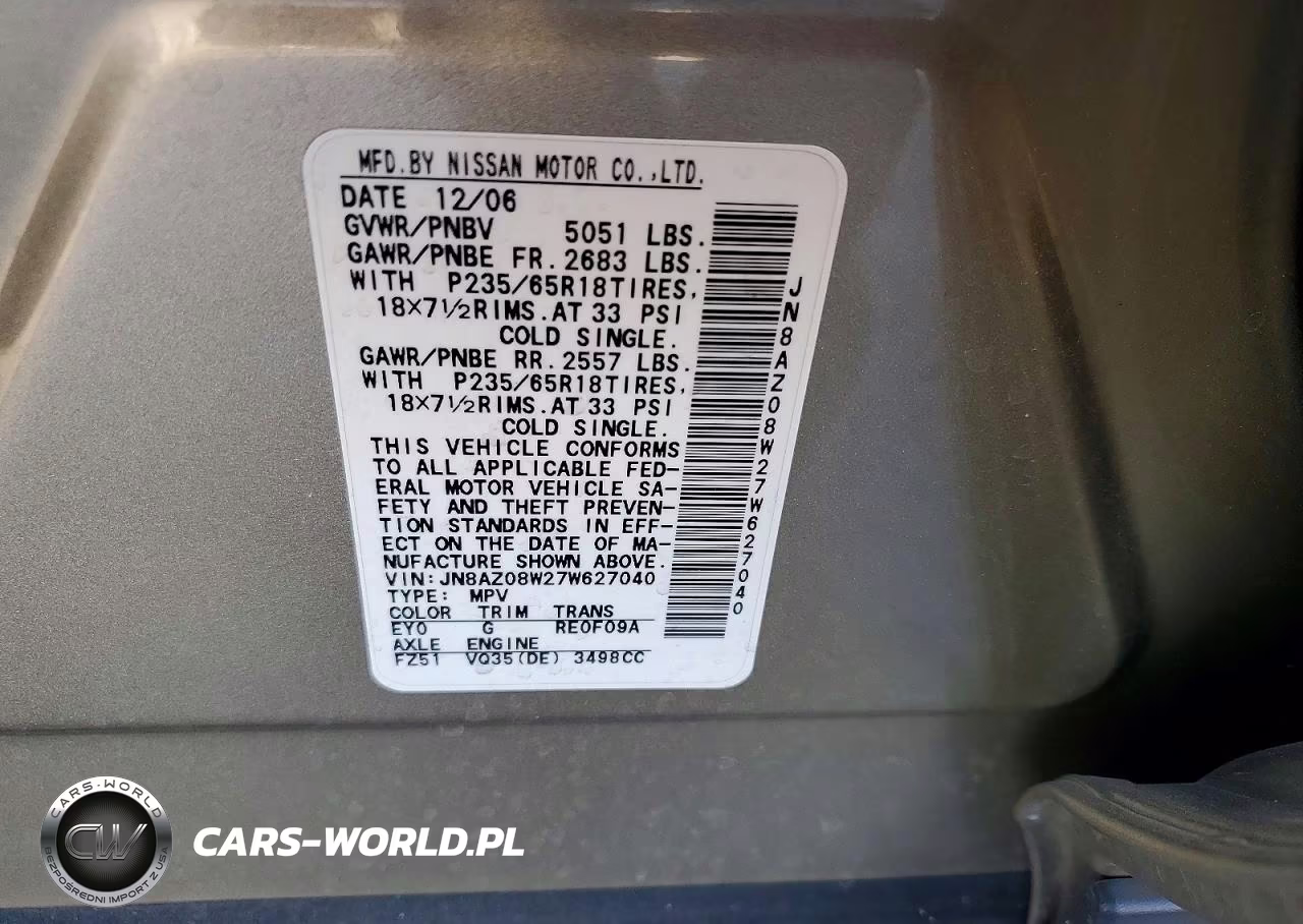 2007 Nissan Murano S VIN:JN8AZ08W27W627040 - 13