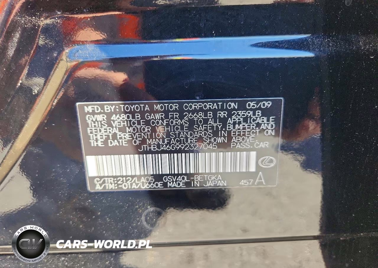 2009 Lexus Es 350 VIN:JTHBJ46G992327045 - 12