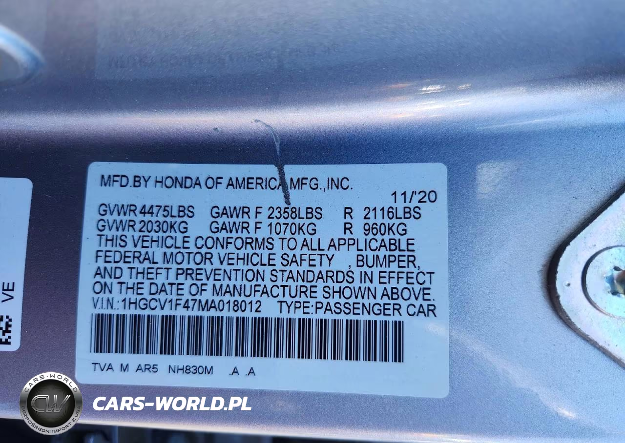 2021 Honda Accord Sport Se VIN:1HGCV1F47MA018012 - 12