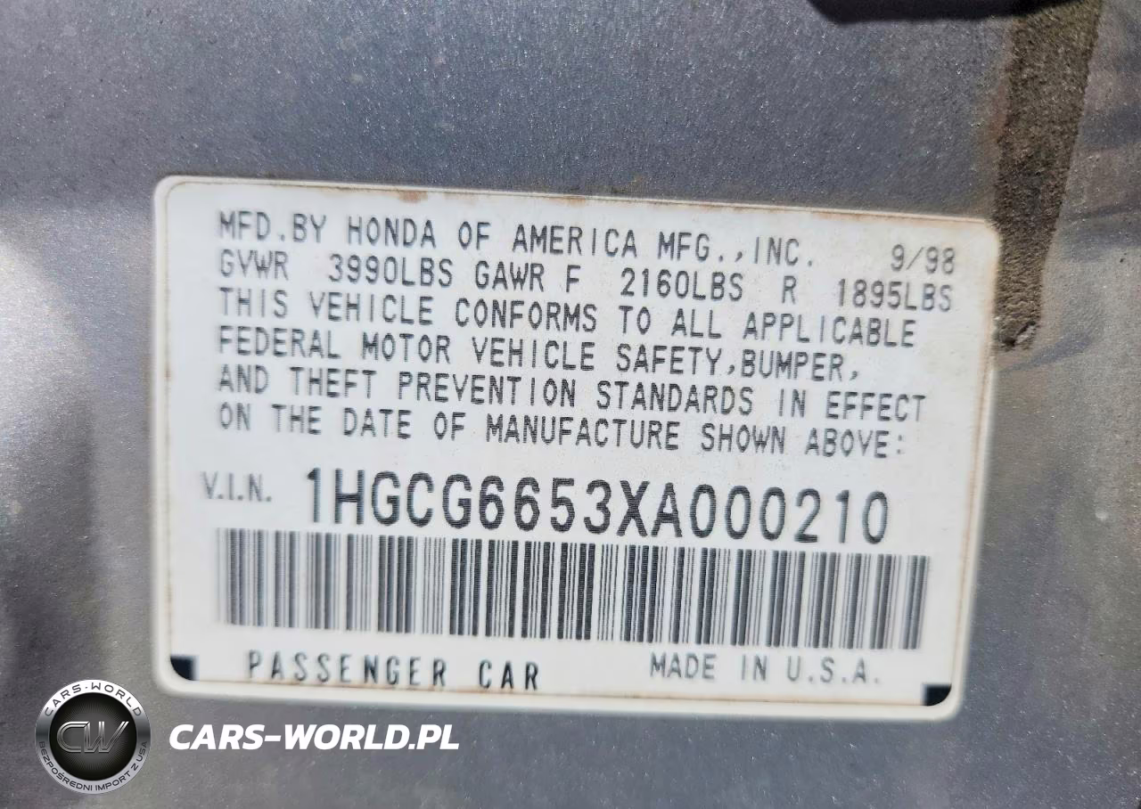 1999 Honda Accord Lx VIN:1HGCG6653XA000210 - 12