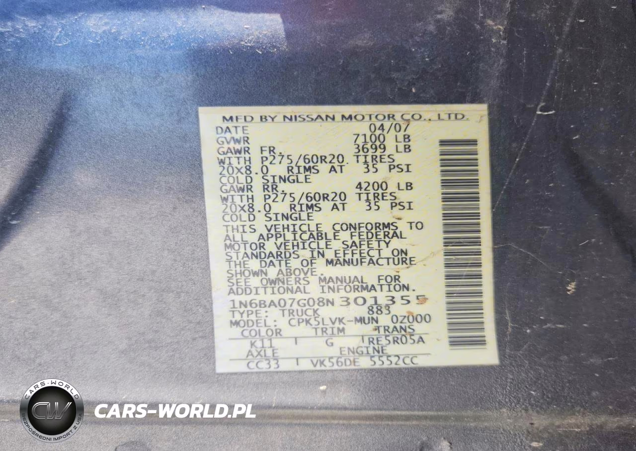 2008 Nissan Titan Xe Ffv VIN:1N6BA07G08N301355 - 12