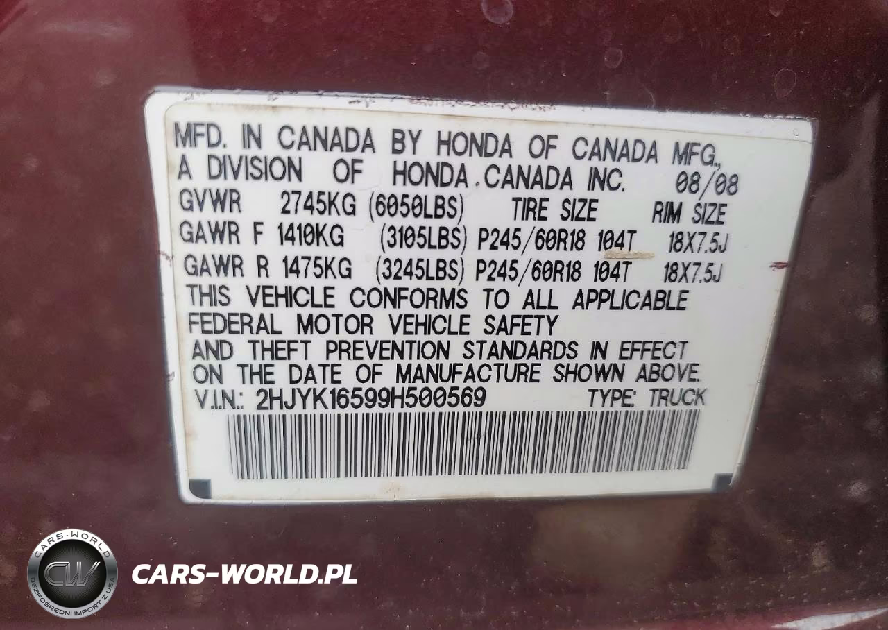 2009 Honda Ridgeline Rtl VIN:2HJYK16599H500569 - 12