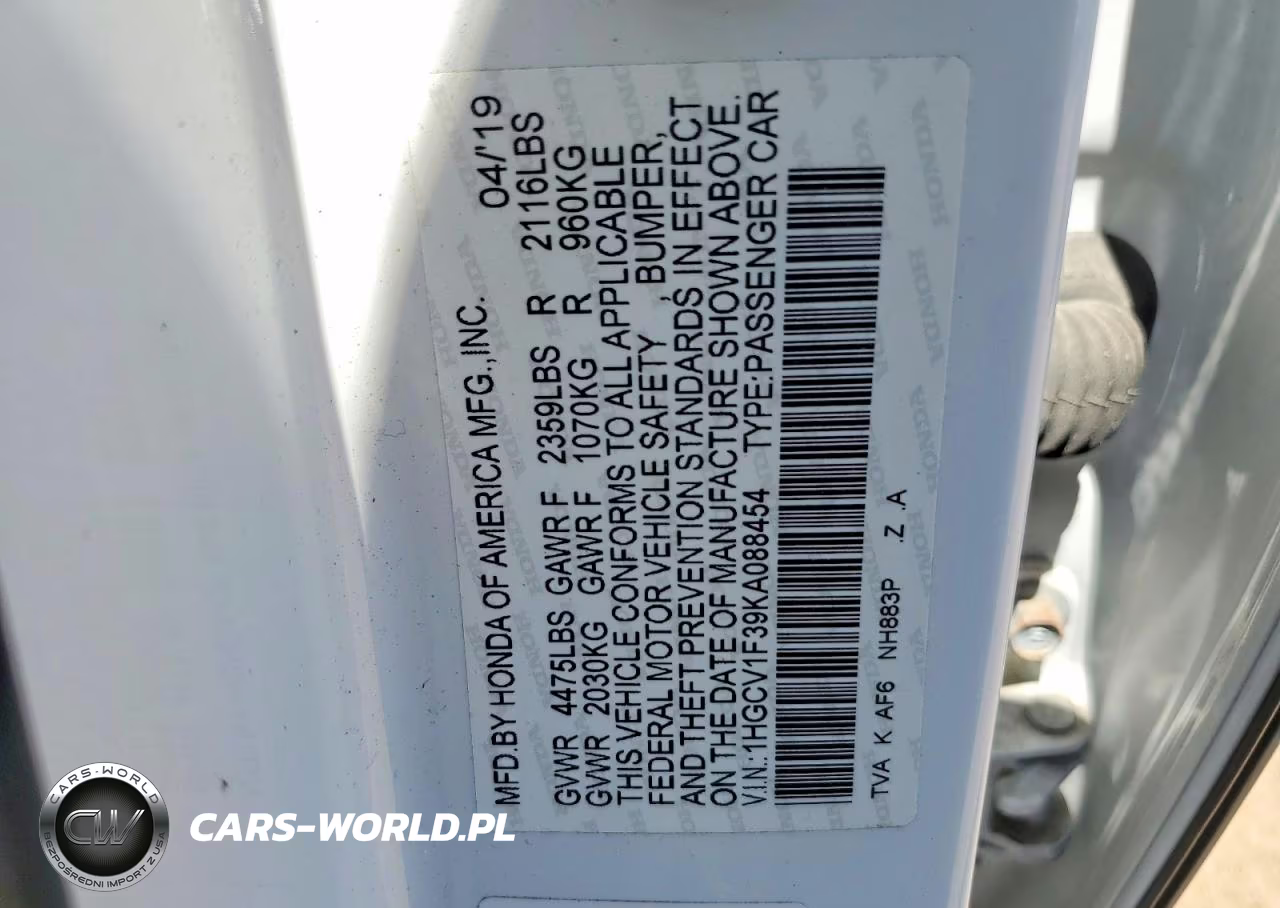 2019 Honda Accord Sport VIN:1HGCV1F39KA088454 - 12