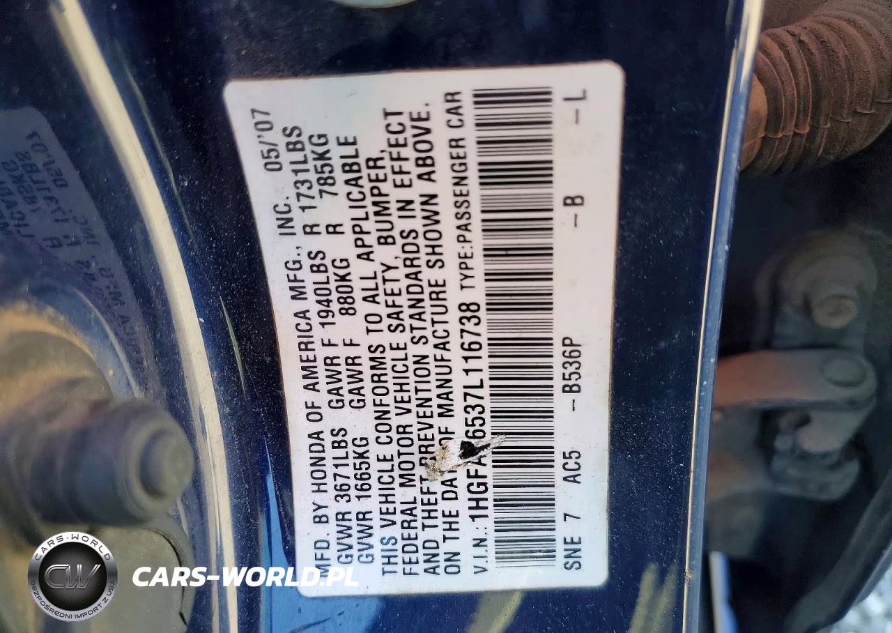 2007 Honda Civic Lx VIN:1HGFA16537L116738 - 12