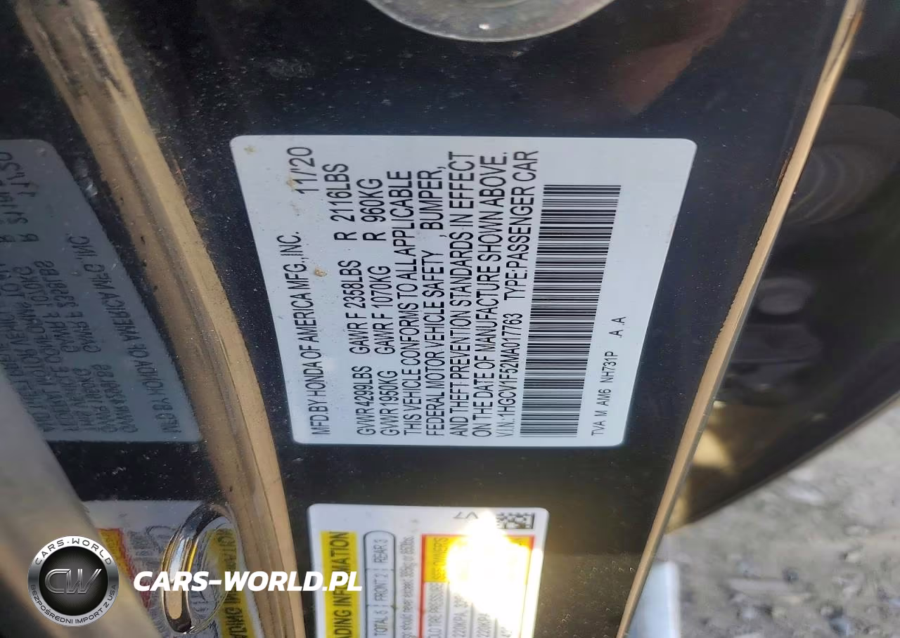 2021 Honda Accord Exl VIN:1HGCV1F52MA017763 - 12