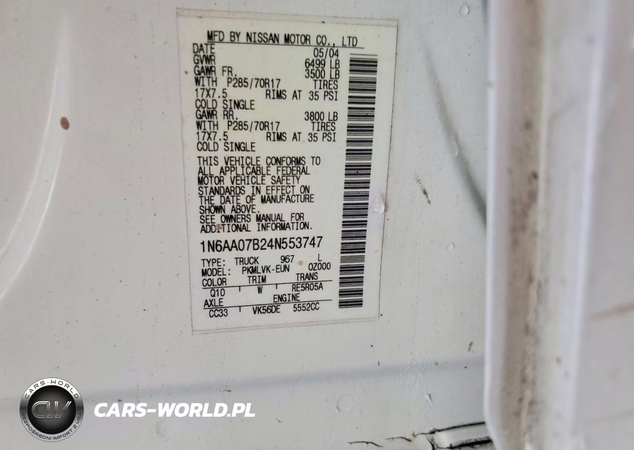 2004 Nissan Titan Xe VIN:1N6AA07B24N553747 - 12
