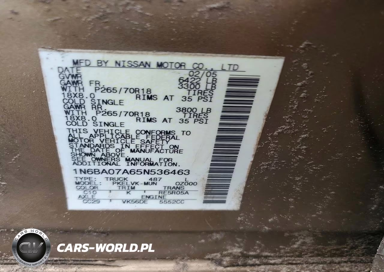 2005 Nissan Titan Xe VIN:1N6BA07A65N536463 - 12