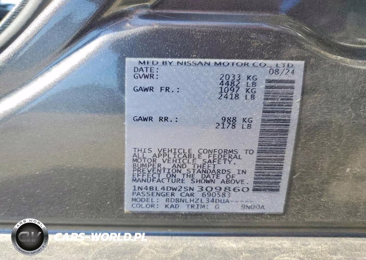 2025 Nissan Altima Sv VIN:1N4BL4DW2SN309860 - 12