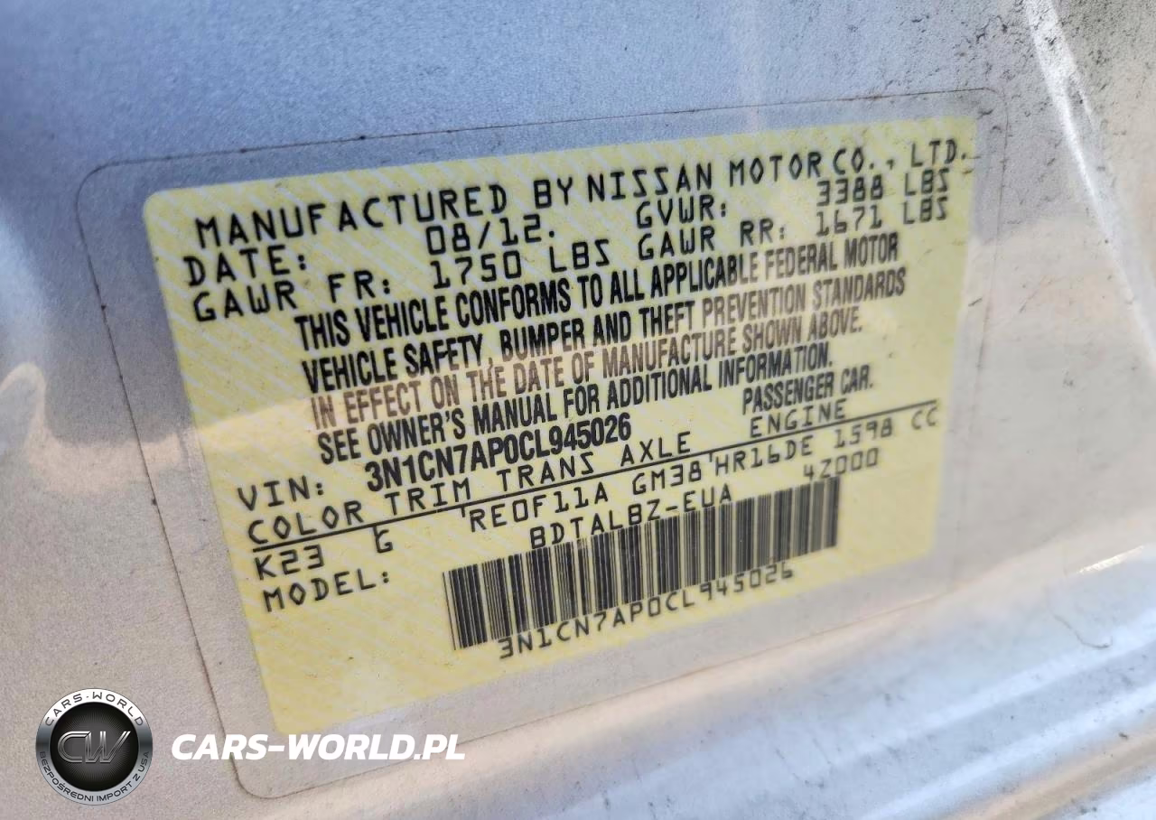 2012 Nissan Versa 1.6 S VIN:3N1CN7AP0CL945026 - 12
