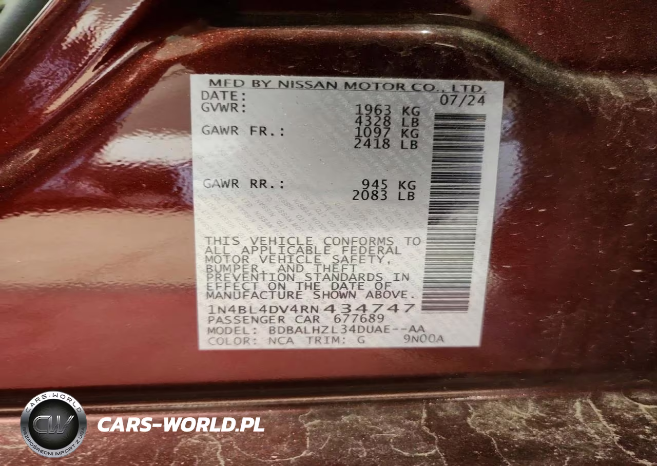 2024 Nissan Altima Sv VIN:1N4BL4DV4RN434747 - 12
