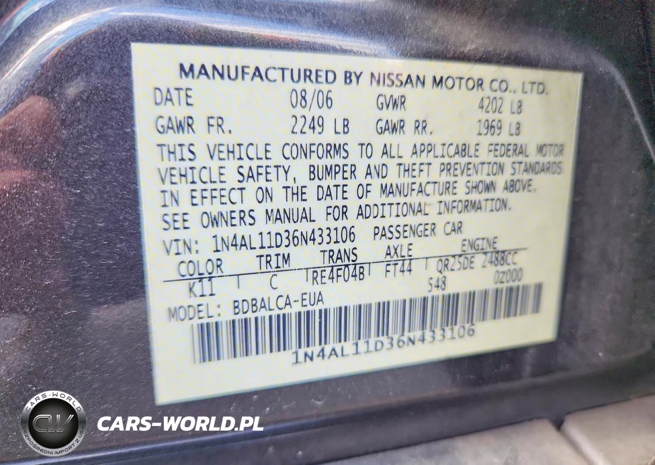 2006 Nissan Altima 2.5 VIN:1N4AL11D36N433106 - 12