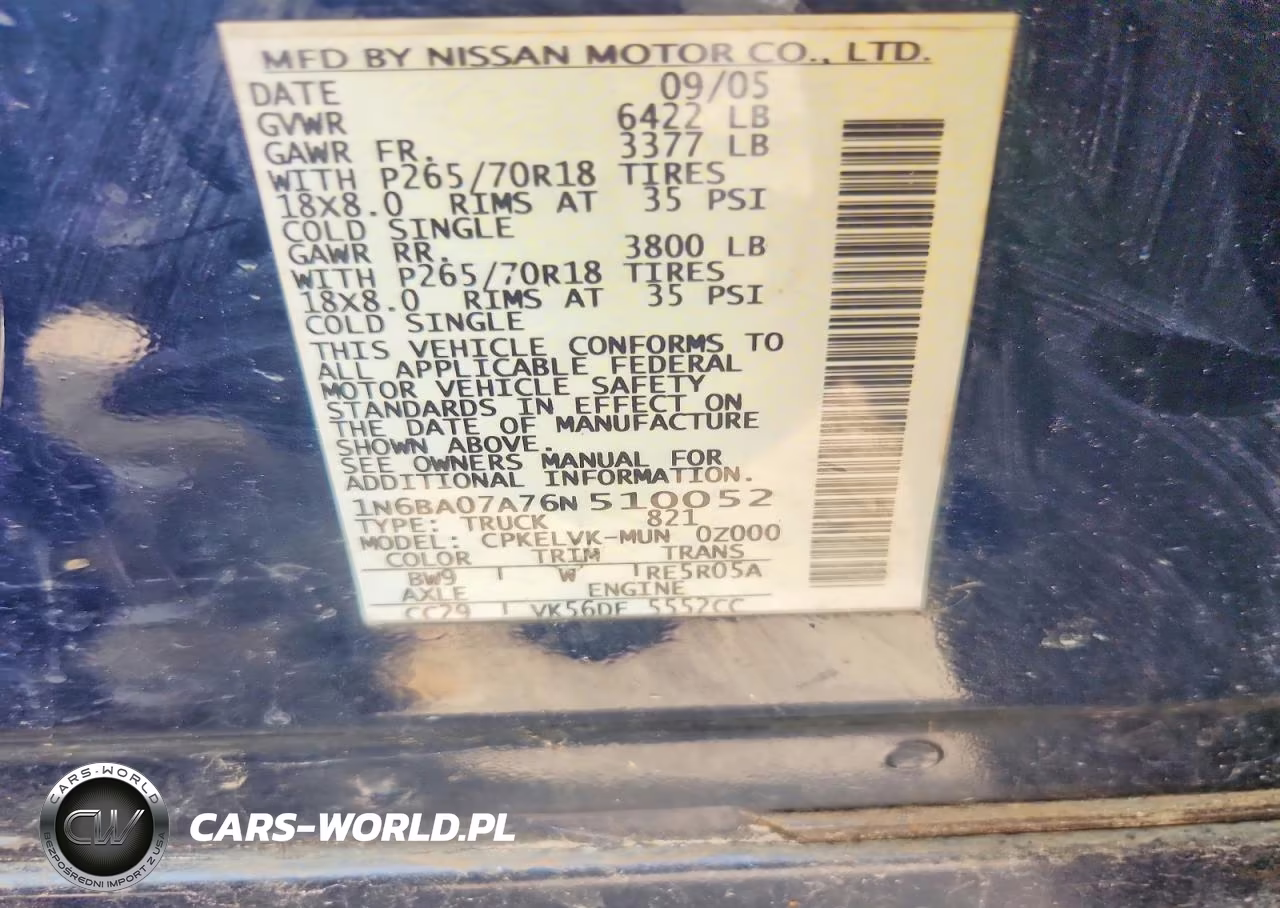 2006 Nissan Titan Xe Ffv VIN:1N6BA07A76N510052 - 12