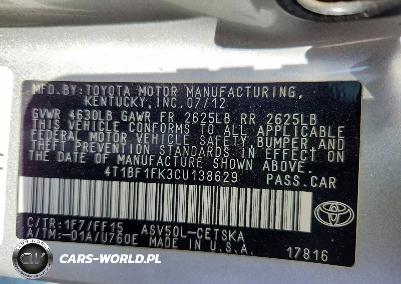 2012 Toyota Camry Se VIN:4T1BF1FK3CU138629 - 12