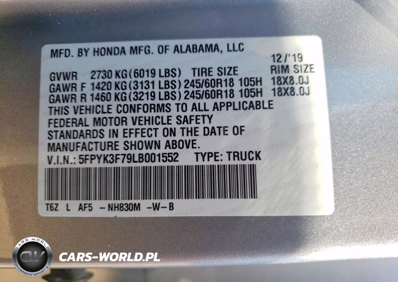 2020 Honda Ridgeline Rtl VIN:5FPYK3F79LB001552 - 12