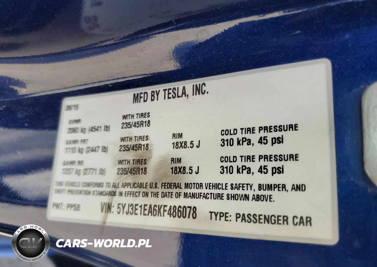 2019 Tesla Model 3 VIN:5YJ3E1EA6KF486078 - 12