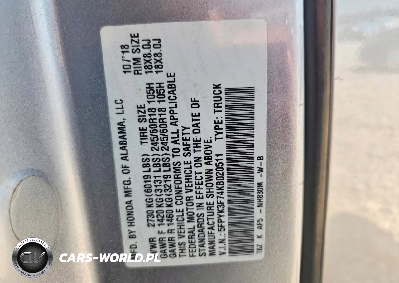2019 Honda Ridgeline Rtl VIN:5FPYK3F74KB020511 - 12