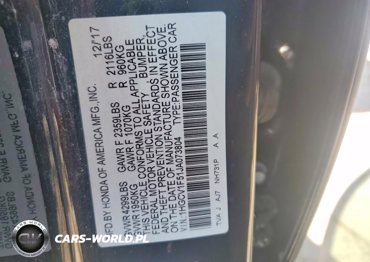 2018 Honda Accord Exl VIN:1HGCV1F51JA073804 - 12