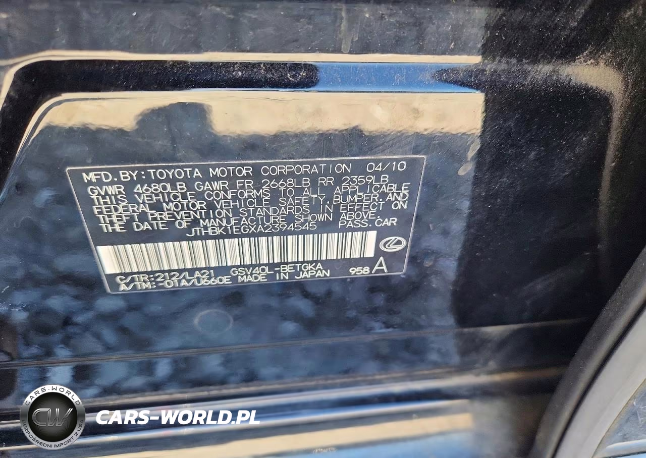2010 Lexus Es 350 VIN:JTHBK1EGXA2394545 - 12