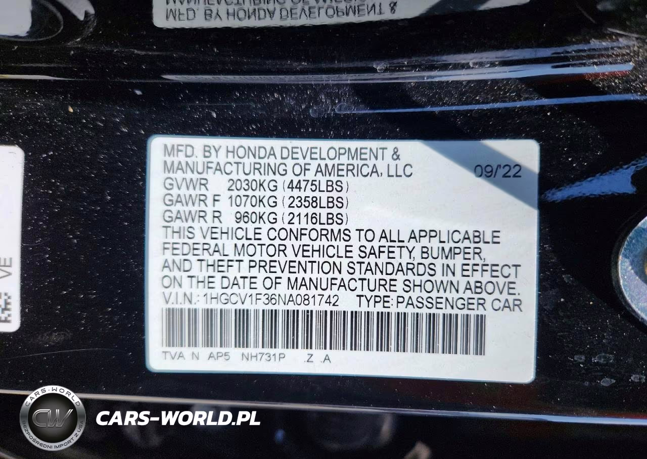 2022 Honda Accord Sport VIN:1HGCV1F36NA081742 - 12