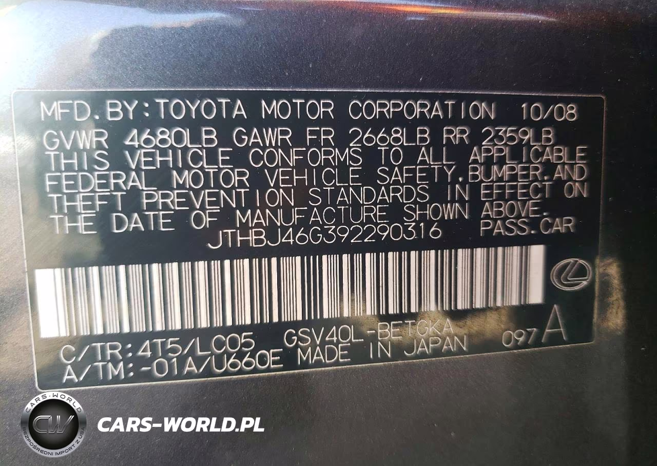 2009 Lexus Es 350 VIN:JTHBJ46G392290316 - 12