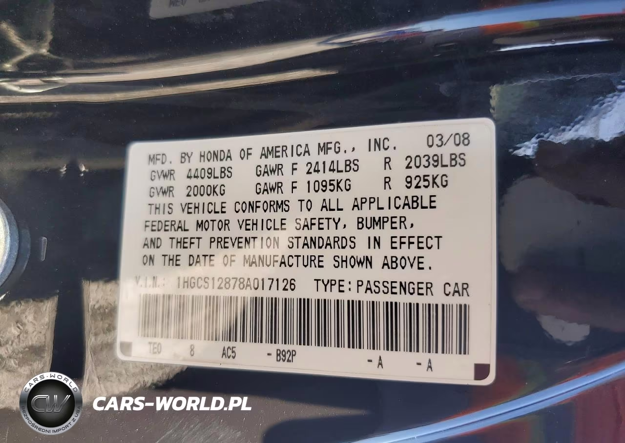 2008 Honda Accord Exl VIN:1HGCS12878A017126 - 12