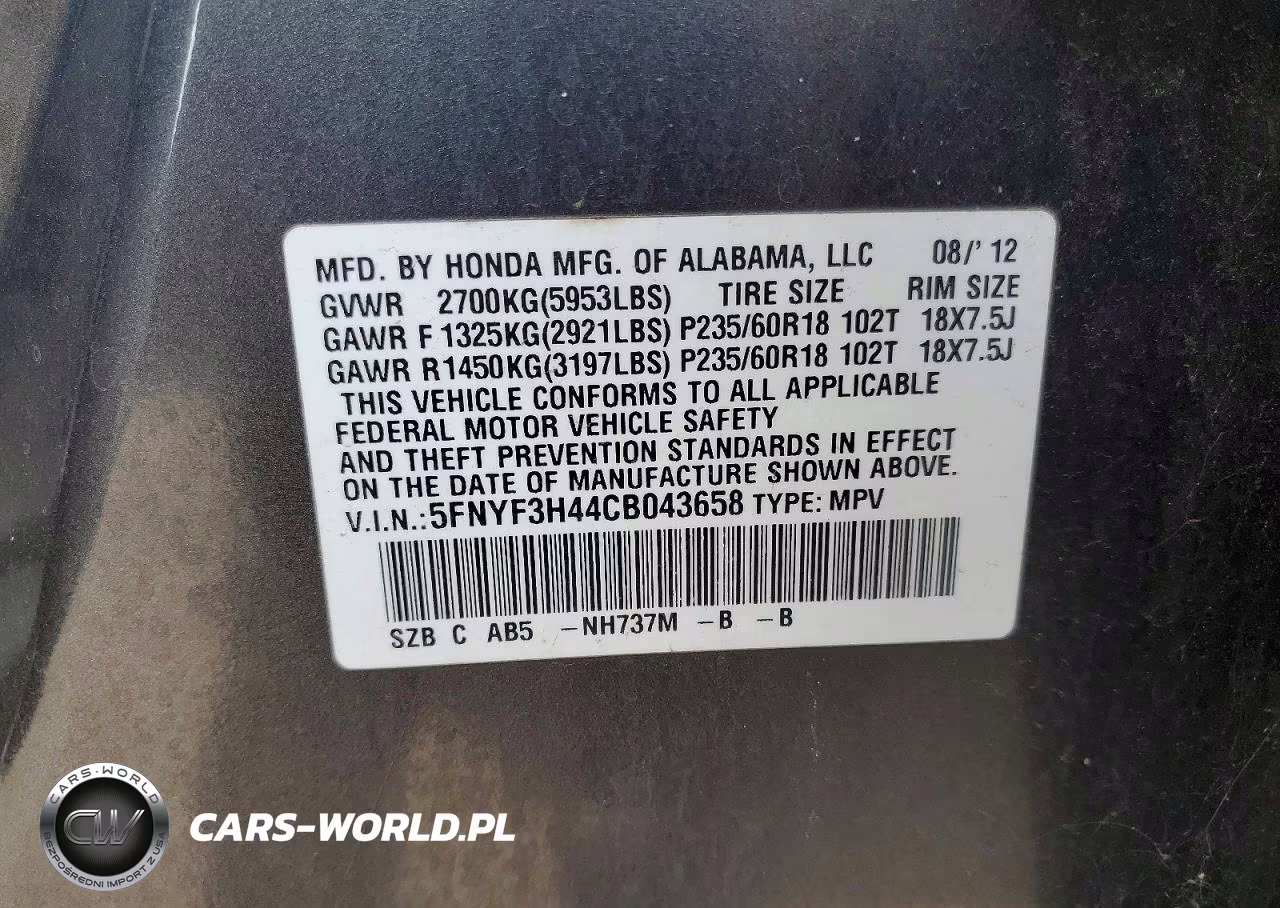 2012 Honda Pilot Ex VIN:5FNYF3H44CB043658 - 13