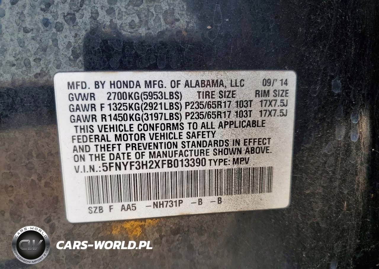 2015 Honda Pilot Lx VIN:5FNYF3H2XFB013390 - 13