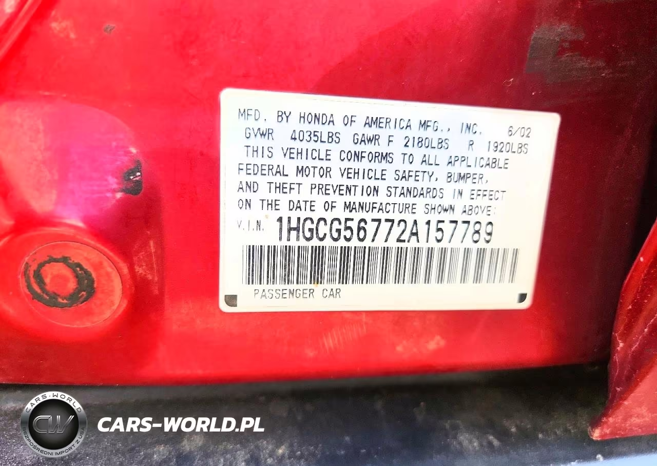 2002 Honda Accord Se VIN:1HGCG56772A157789 - 12