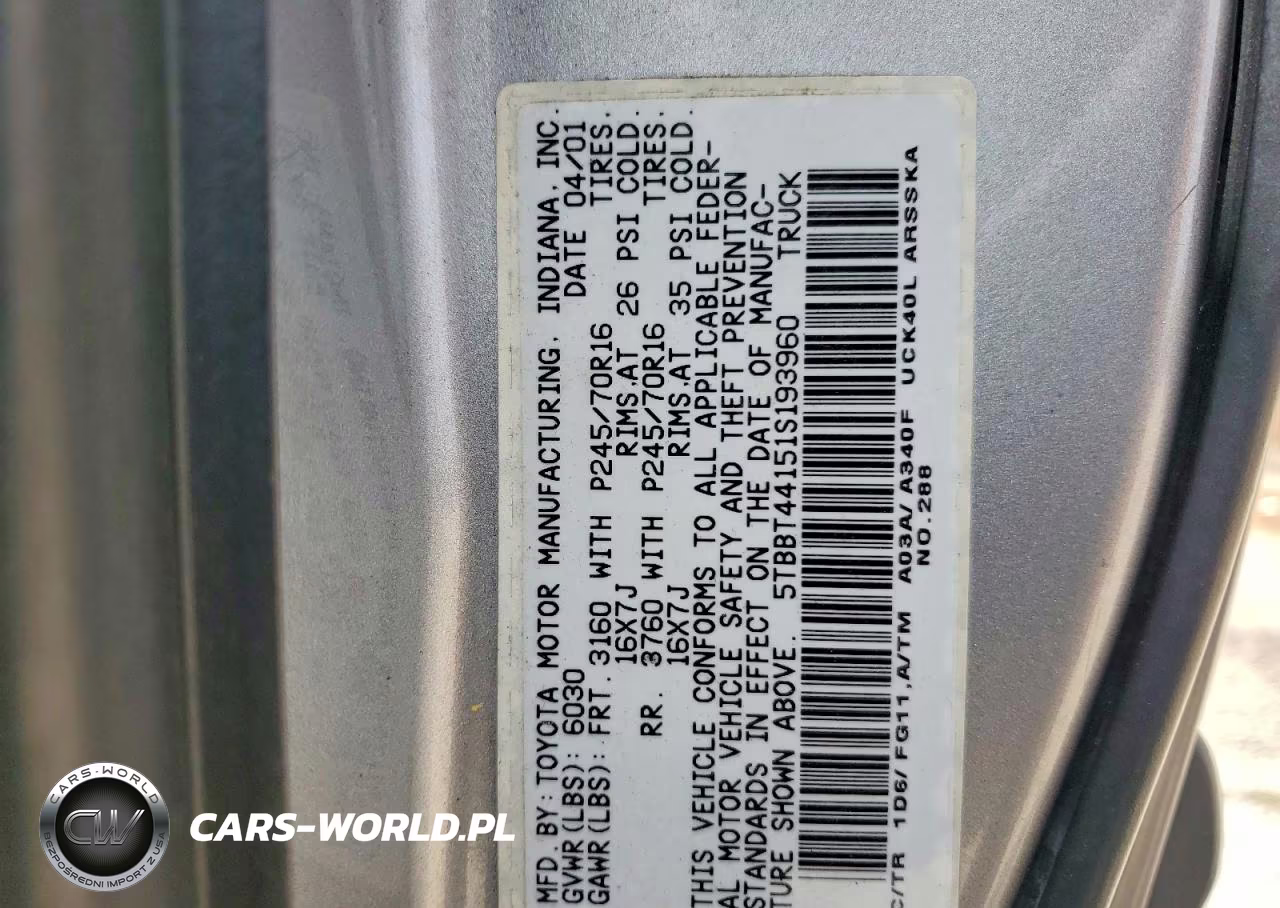 2001 Toyota Tundra Sr5 VIN:5TBBT44151S193960 - 12