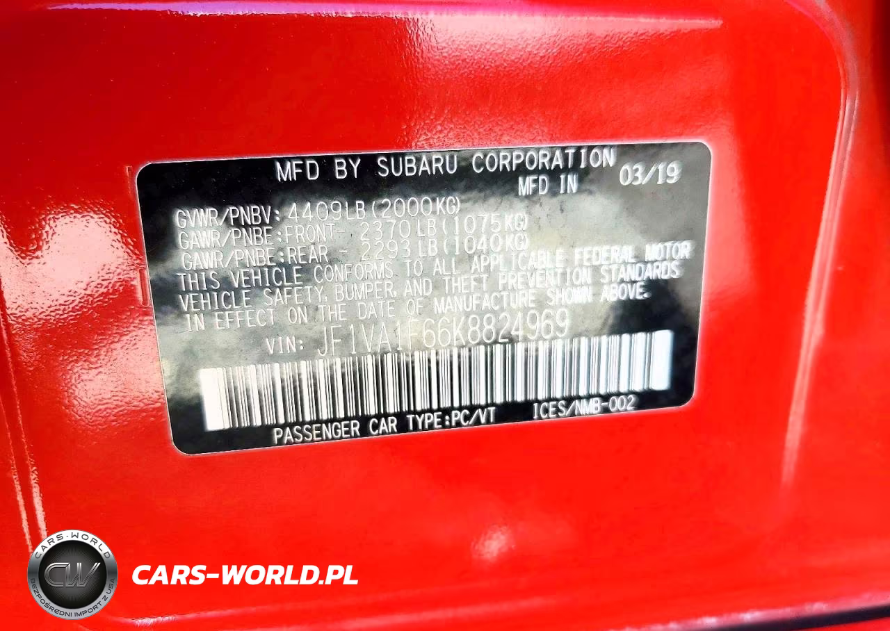 2019 Subaru Wrx Premium VIN:JF1VA1F66K8824969 - 13