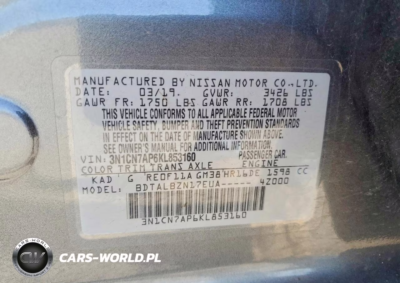 2019 Nissan Versa Sv VIN:3N1CN7AP6KL853160 - 12