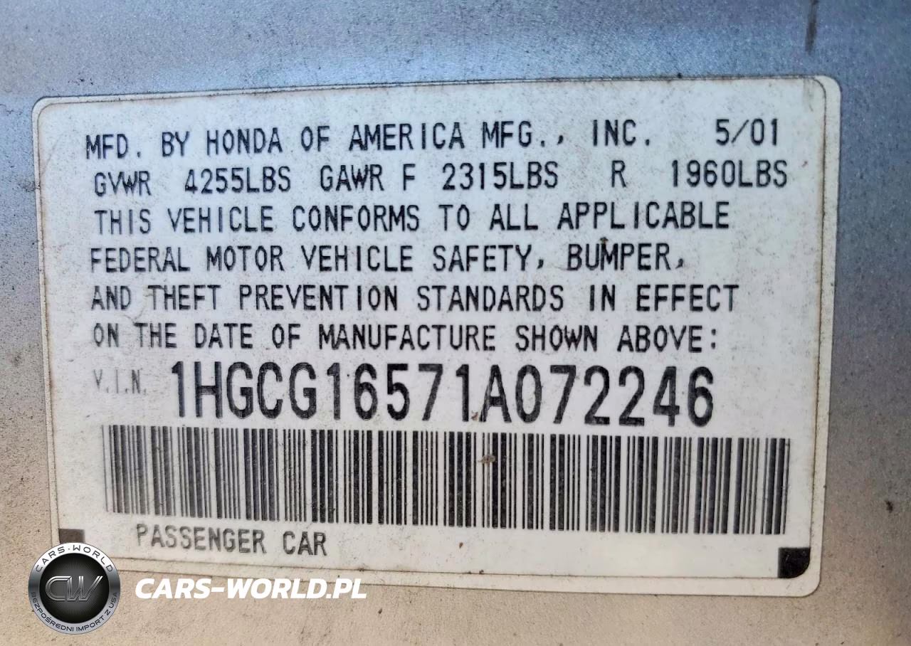 2001 Honda Accord Ex VIN:1HGCG16571A072246 - 12