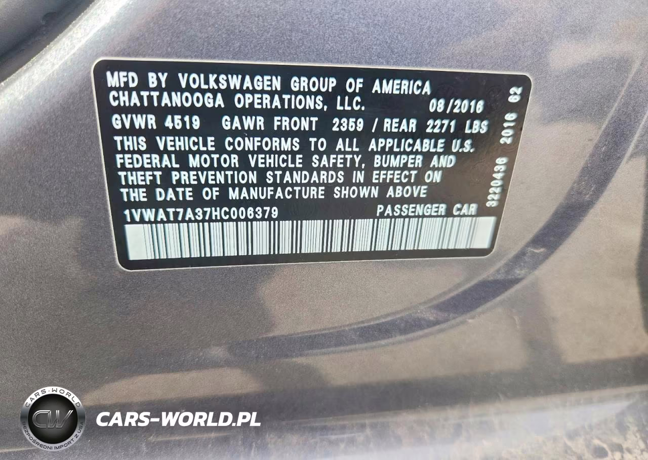 VOLKSWAGEN PASSAT S VIN:1VWAT7A37HC006379 - 12